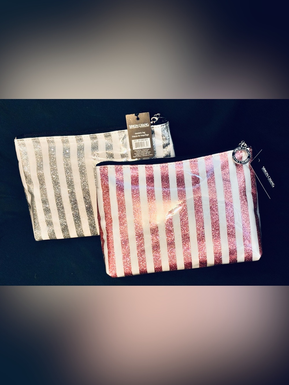 Simon Chang Striped Glitter Cosmetic Bags